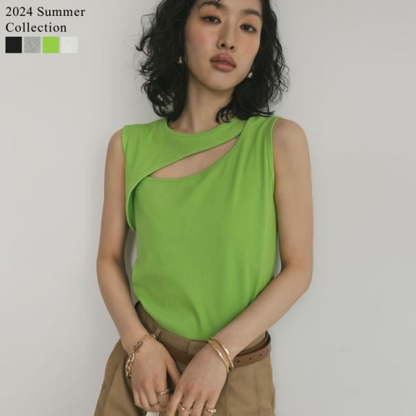 タンクトップ トップス レディース 4色 M/L インナー カットアウト ストレッチ リブカットソー...