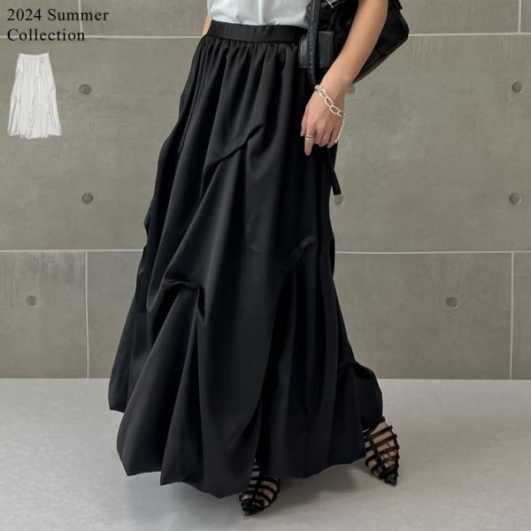 スカート レディース バルーン サテン ボリューム ロング丈 ウエストゴム 光沢 ギャザー タックス...