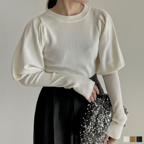 トップス セーター パフスリーブ レディース リブニット 二の腕カバー オフィスカジュアル 2024...