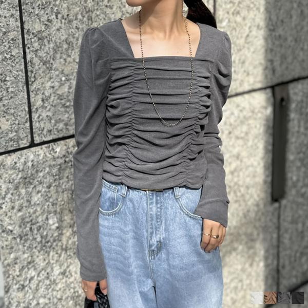 トップス レディース カットソー 長袖 ギャザー スクエアネック コンパクトトップス ストレッチ リ...