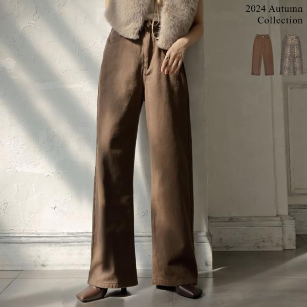 パンツ ワイド レディース 2色 低身長 高身長 ボトム フルレングス ストレート ヒョウ柄 豹 プ...