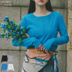 リブカットソー レディース Tシャツ 長袖 トップス ヘンリーネック ボタン付き ロンT 丸首 配色 2025春夏