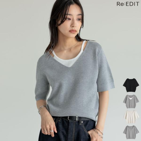 半袖 レディース トップス ニットトップス サマーニット ニット レイヤードライク レイヤード風 2...