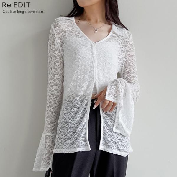 トップス ブラウス シャツ レース 襟付き 長袖 レディース ポロシャツ  シアー フレアスリーブ ...