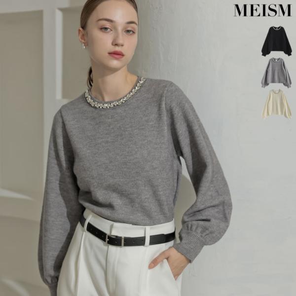 ニット トップス 長袖 レディース 3色 M/L セーター ビジュー ボリュームスリーブ バックボタ...