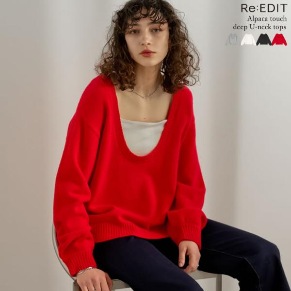 トップス ニット レディース 4色 M/L Uネック アルパカタッチ プルオーバー 長袖 起毛ニット...