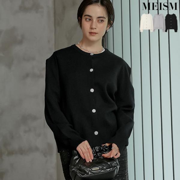 カーディガン ニット レディース 3色 M/L ビジューボタン パワーショルダー 肩が大きく見えにく...