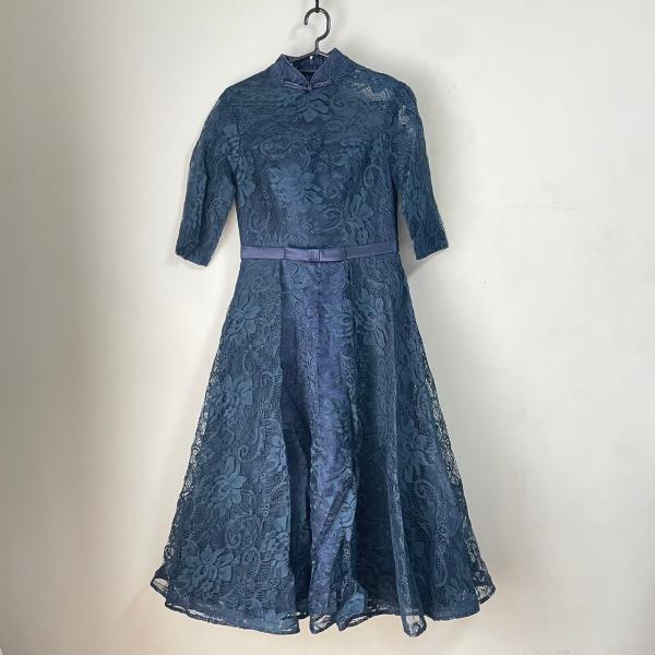 ワンピース レース ネイビー パーティドレス lideel リデール 5分袖 チャイナ 膝下丈 サイ...