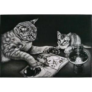 生田宏司「七夕」銅版画 メゾチント 額装 2羽のフクロウ 銀河 宇宙