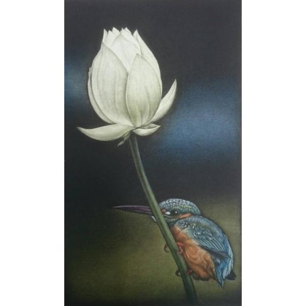 生田宏司　「蓮に翡翠」　　カラーメゾチント