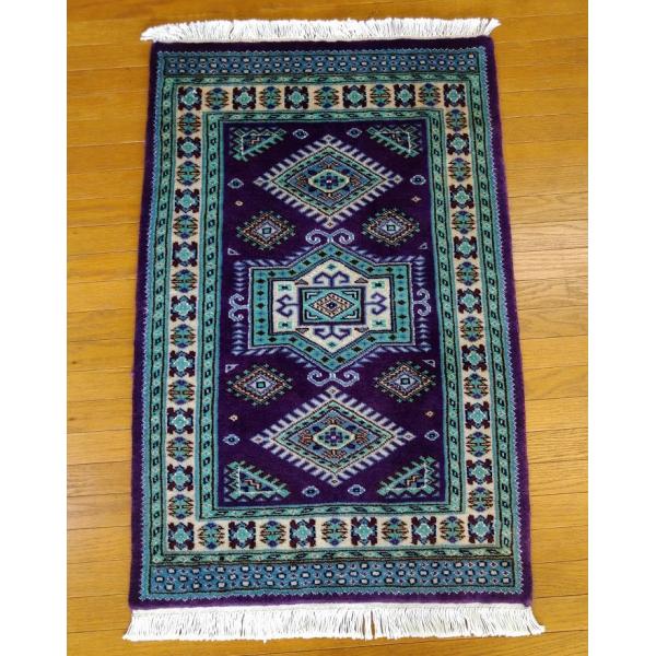 玄関マット 手織り絨毯　幾何学文様パステルカラー ウール 63×96 ｃｍ パープル