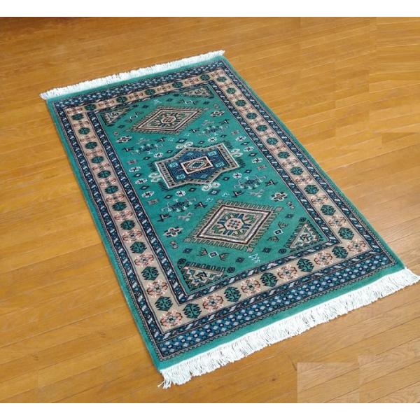 手織り玄関マット ウール100％ 78×126 ｃｍ グリーン系　 幾何学文様パステルカラー