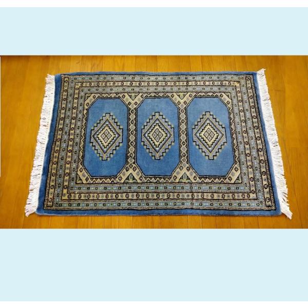 パキスタン絨毯 ウール100％ 手織り絨毯 ムガール 玄関マット 約61×89ｃｍ ブルー系