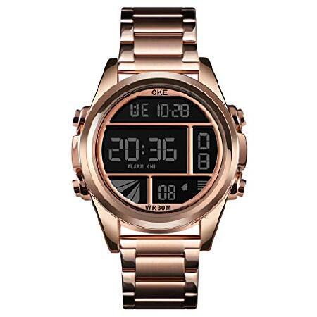 CKE メンズデジタル腕時計 大きな文字盤 メンズ ステンレススチールバンド ローズゴールド並行輸入