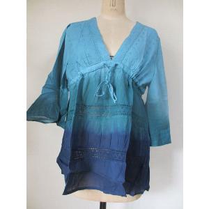 エスニックブラウス、シャツラッパ袖インド製刺繍半そでグラデーションブラウスエスニック衣料｜gane1826