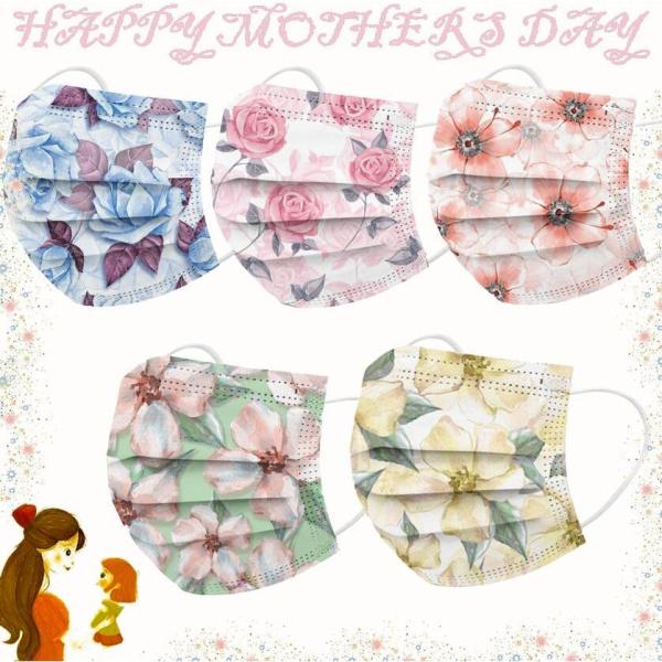 不織布マスク 大人 50枚 花柄 バラ 花見 ５色セット 使い捨て 三層構造 レディース おしゃれ使...