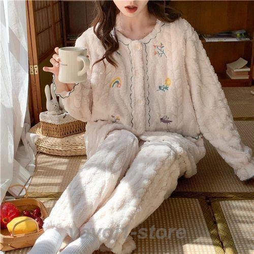 マタニティ パジャマ 冬 モコモコ 前開き 長袖 マタニティ ルームウェア 授乳口 付き ウエスト調...