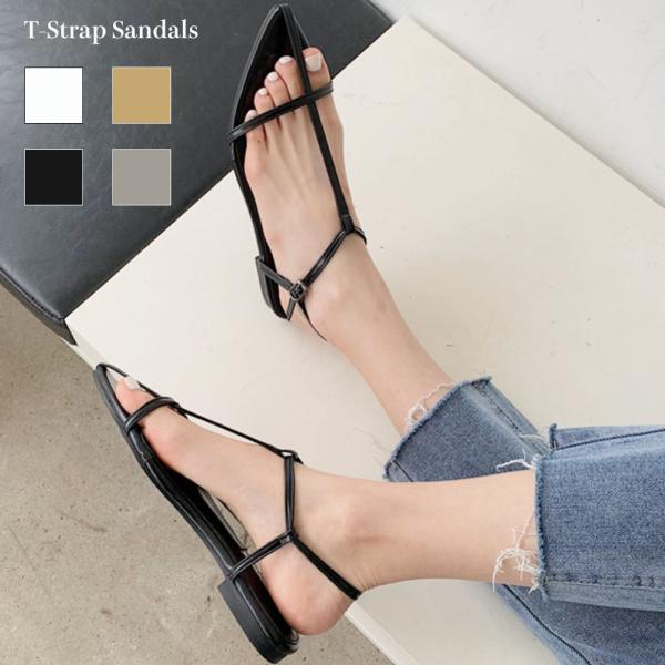 Tストラップサンダル ストラップサンダル ローヒールサンダル フラットサンダル デザインサンダル サ...