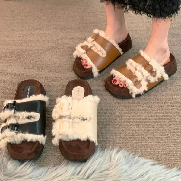 ファーベルトサンダル 厚底サンダル ボアサンダル レディースシューズ ローヒールサンダル デザインサ...