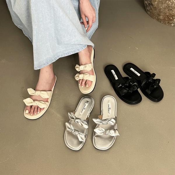 ダブルリボンサンダル フラットシューズ ローヒールサンダル フラットサンダル ぺたんこ デザインサン...