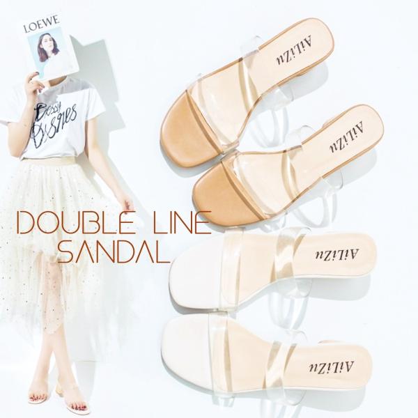 クリアダブルラインウッドヒールサンダル フラットシューズ 婦人靴 レディースシューズ ローヒールサン...