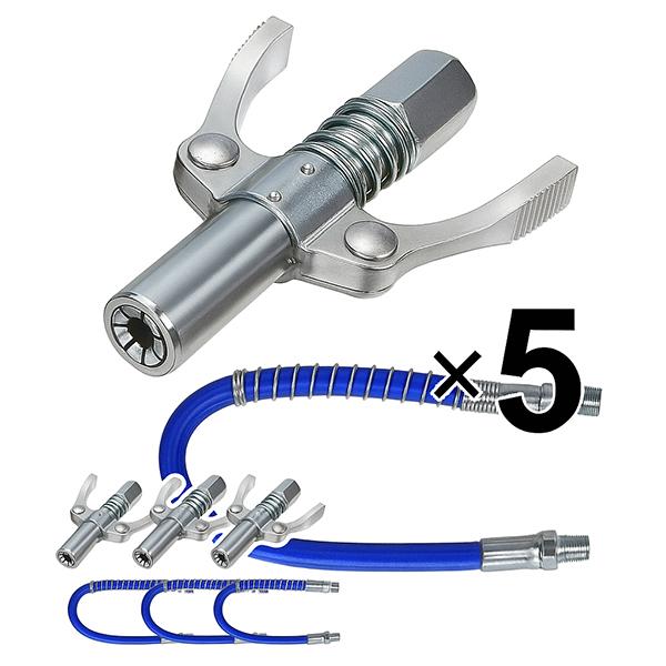 5個セット 高圧グリスガン用クイックリリースカプラーセット 六爪ロック式＋30cmホース T327