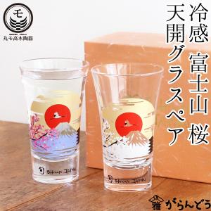 丸モ高木陶器 冷感富士山 桜 天開グラスペア 父の日 ぐい呑み 冷酒グラス 酒器 さくら 富士山 冷酒 日本製 贈り物｜garandou