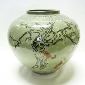 李朝 青花窓絵草花文面取壺 全高約29cm 韓国 朝鮮 希少 花瓶 白磁 染付