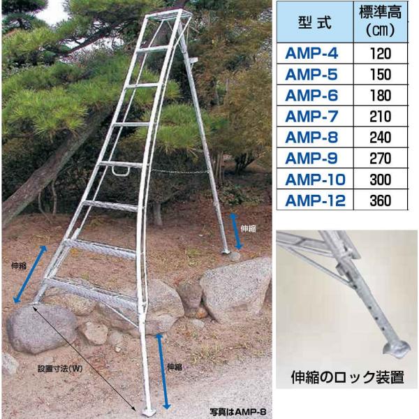 アルミ製 三脚脚立 アルステップ造園プロ用 ピン式3本伸縮〜全高240cm〜360cm AMP-8 ...