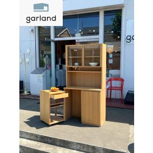 無印良品 MUJI タモ材 天然木 カップボード キッチンボード 食器棚 ガラス扉&ワゴン収納付き 木製 北欧スタイル シンプル ナチュラル