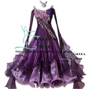 専用♡【豪華装飾/パープル◆社交ダンスドレス】M相当 ビジュー 競技 デモ 衣装 Garuda SHOP レディース社交ダンス衣装 競技ドレス ワルツドレス高級品