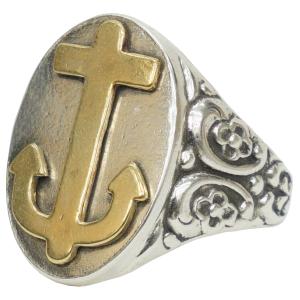 LHN Jewelry(エルエイチエヌ ジュエリー) 米国製 ハンドメイド Ornate アンカー リング シルバー x ブラス メンズ ユニセックス anchor ring silver brass｜garyu