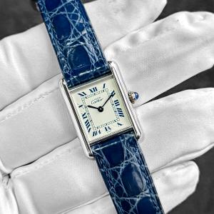 【外装仕上げ済】CARTIER カルティエ マストタンク SM 6057002 ネイビー ブルー ホワイト ローマン 白文字盤 SV925 シルバー レディース