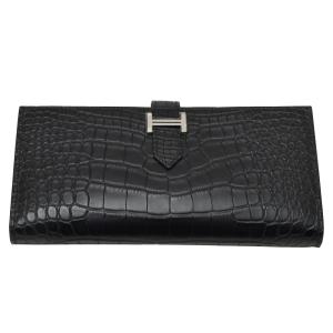 エルメス HERMES ベアンスフレ アリゲーターマット ブラック シルバー金具 G刻印 未使用 財布 レディース