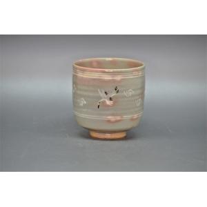 茶道具 抹茶茶碗 筒茶碗 立鶴 割高台又は青磁又は雲鶴 中村与平作 鶴