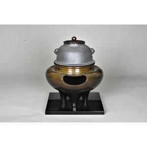 茶道具 電熱式 切掛風炉・釜 ヤマキ製 唐銅 鬼面風炉電気炭セット 表流