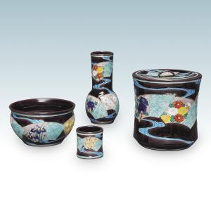 皆具 紫交趾 地紙草花 谷口菁嵐作 茶道具 水指 杓立 建水 蓋置 四点揃