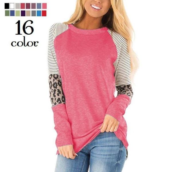 長袖カットソートップスレディースラグラン袖ラウンドネック婦人服プルオーバーヒョウ柄ボーダーおしゃれカ...