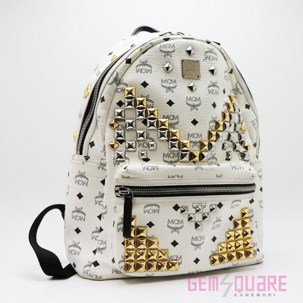 【値下げ交渉可】MCM スタークバックパック ミディアム リュック 白 黒 スタッズ 中古 MMK5...