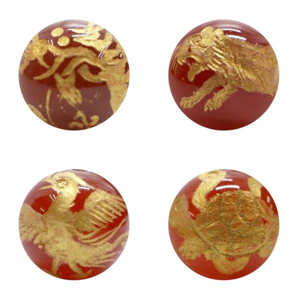 手彫り 金塗り 四神レッドアゲート 12ｍｍ 風水・青龍・白虎・朱雀・玄武 天然石 パワーストーン