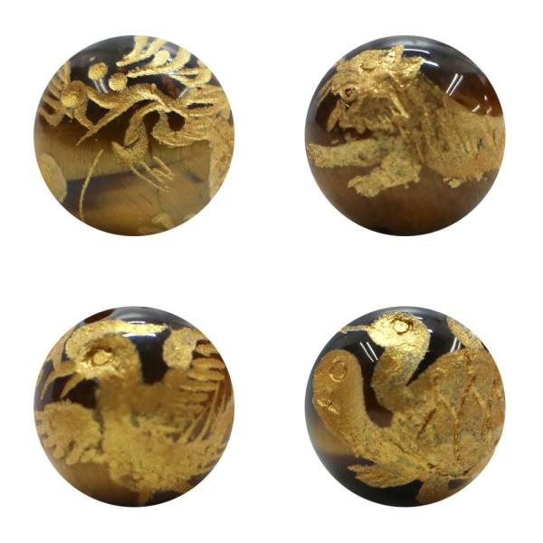 手彫り 金塗り 四神タイガーアイ 10ｍｍ 風水・青龍・白虎・朱雀・玄武 天然石 パワーストーン