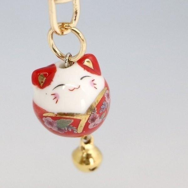 招き猫 キーホルダー お守り ストラップ 鈴 キーリング 陶器