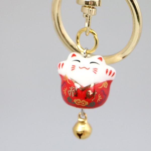 招き猫 キーホルダー お守り ストラップ 鈴 キーリング 陶器 12個までメール便可