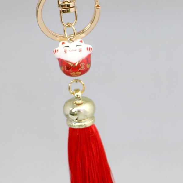 招き猫 キーホルダー お守り タッセル ストラップ 鈴 キーリング 陶器 12個までメール便可