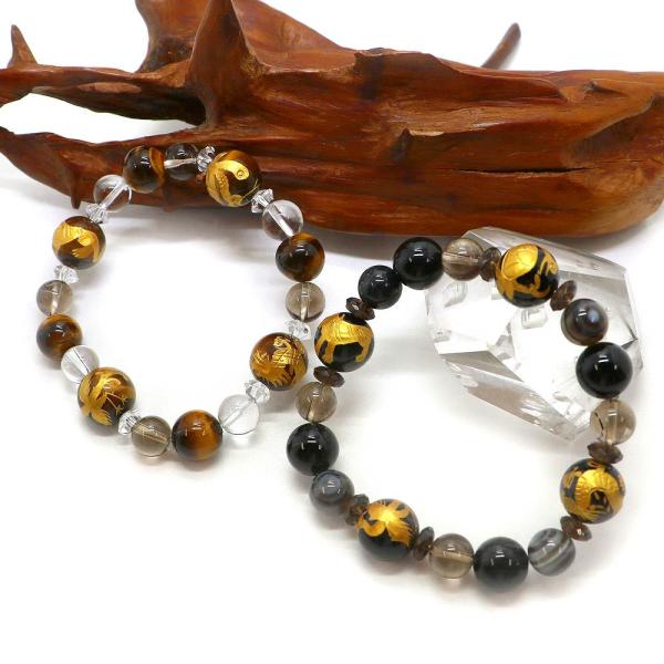 四神彫刻入りブレスレット タイガーアイ 天眼石 パワーストーン Bracelet 天然石