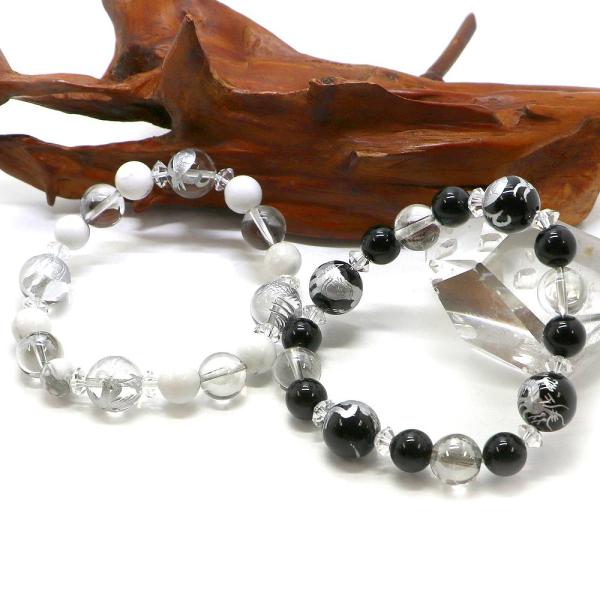 四神彫刻入りブレスレット ハウライト オニキス パワーストーン Bracelet 天然石