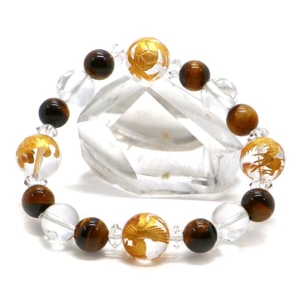 風水四神 水晶 金塗 ブレスレット 天然石ブレス パワーストーン Bracelet