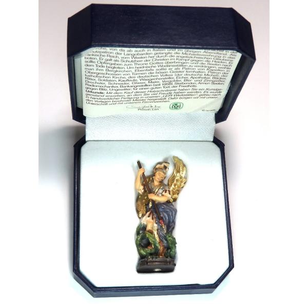 創業100年《レーピ》ミニ木彫り 聖人 大天使「ミカエル」カラー青 (手彩色) 6cm  高級ケース...