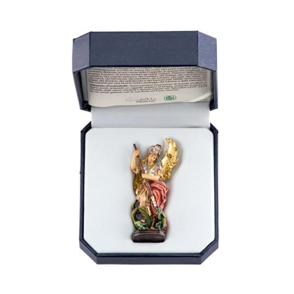 創業100年《レーピ》ミニ木彫り 聖人 大天使「ミカエル」カラー赤 (手彩色) 6cm  高級ケース...