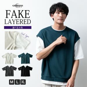 tシャツ メンズ 半袖 重ね着風 フェイクレイヤード ベスト 半袖tシャツ ゆったり おしゃれ 夏 トップス スポーティ アメカジ 春 クルーネック｜メンズファッション GENELESS ヤフー店